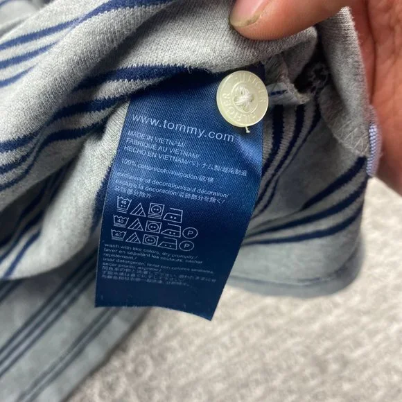 Tommy Hilfiger Polo Shirt Men Large L Gray Blue Striped Casual Golf Embroidered - Picture 5 of 8